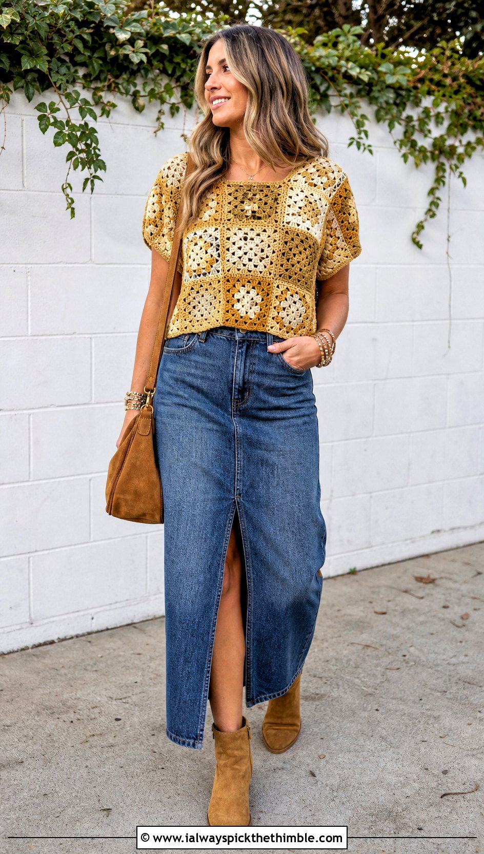 Gold Granny Square Crochet Top With Denim Skirt - 25 gold crochet top outfit ideas
