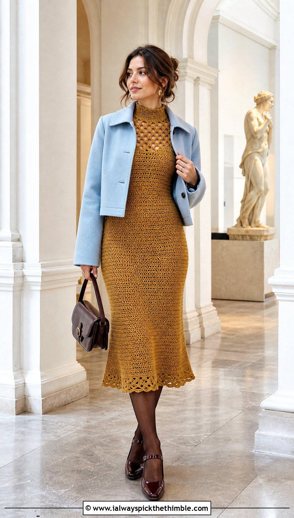 Gold High Neck Crochet Dress With Mary Jane Shoes - 25 Gold Crochet Dress outfit ideas