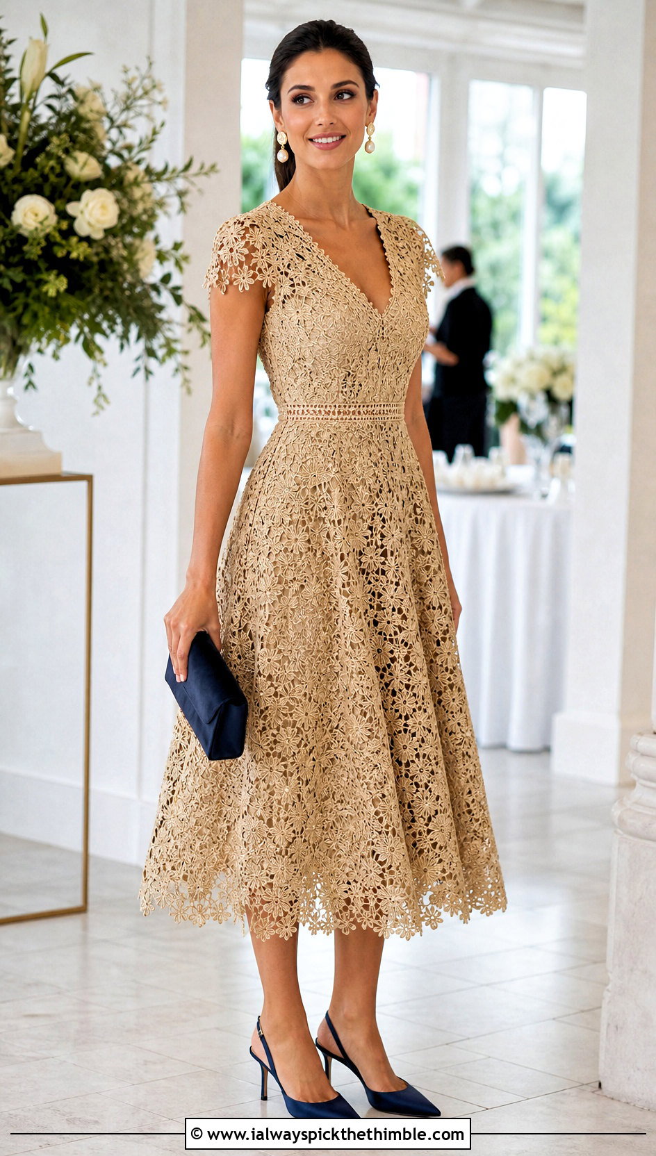 Gold Lace Crochet Dress With Satin Accessories - 25 Gold Crochet Dress outfit ideas