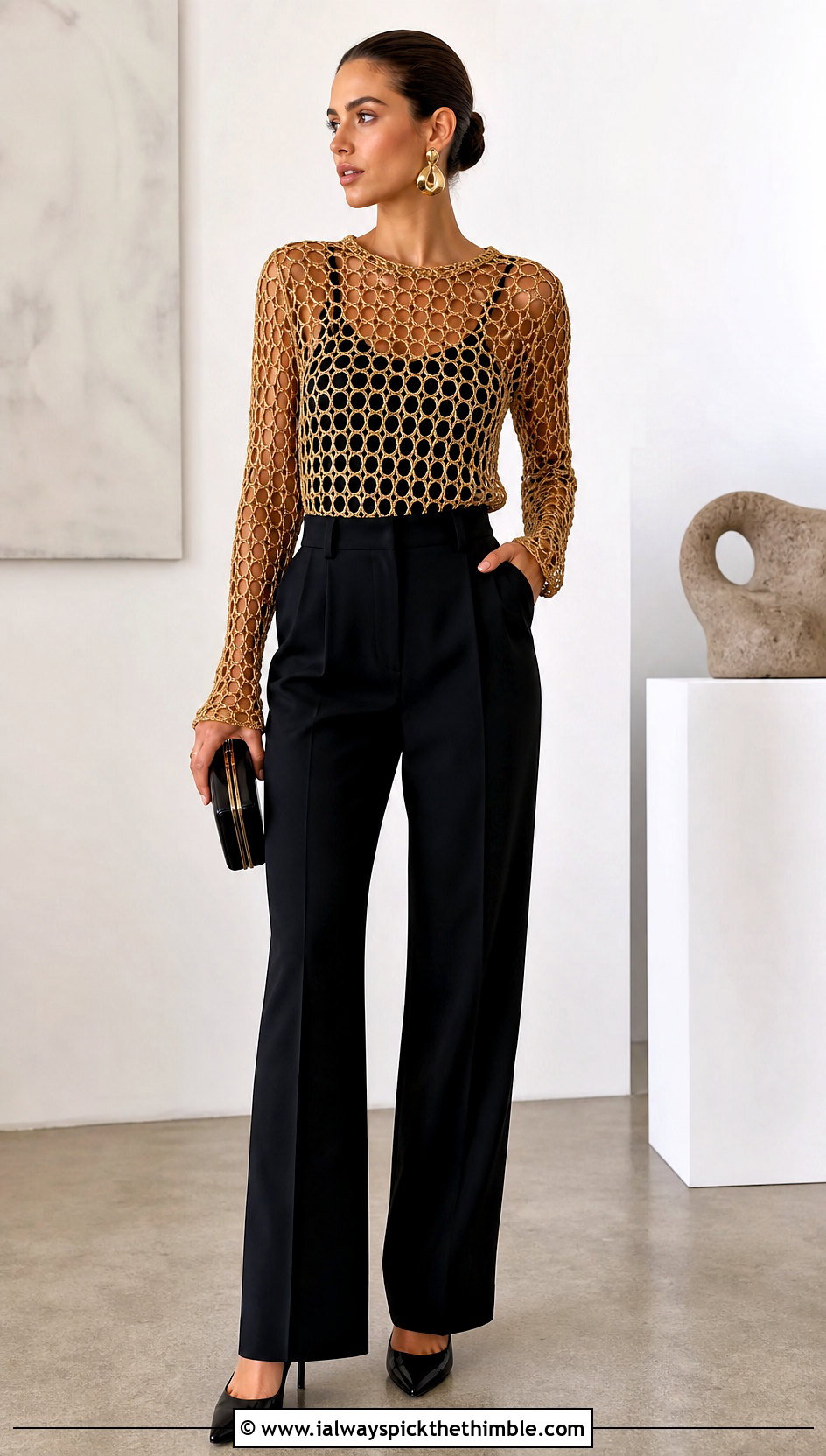 Gold Mesh Crochet Top With Black Trousers - 25 gold crochet top outfit ideas
