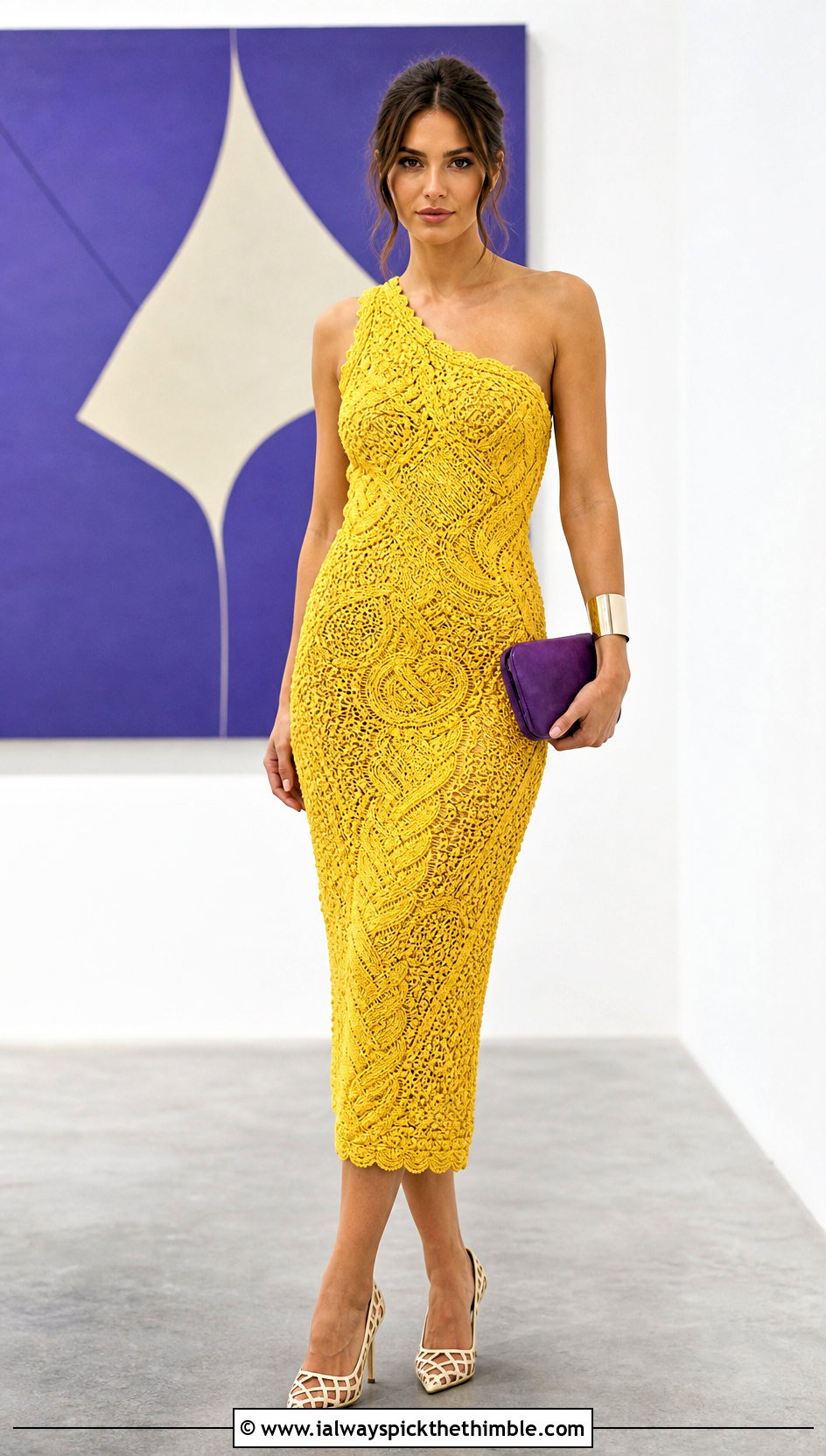 Gold One Shoulder Crochet Dress With Sculptural Heels - 25 Gold Crochet Dress outfit ideas