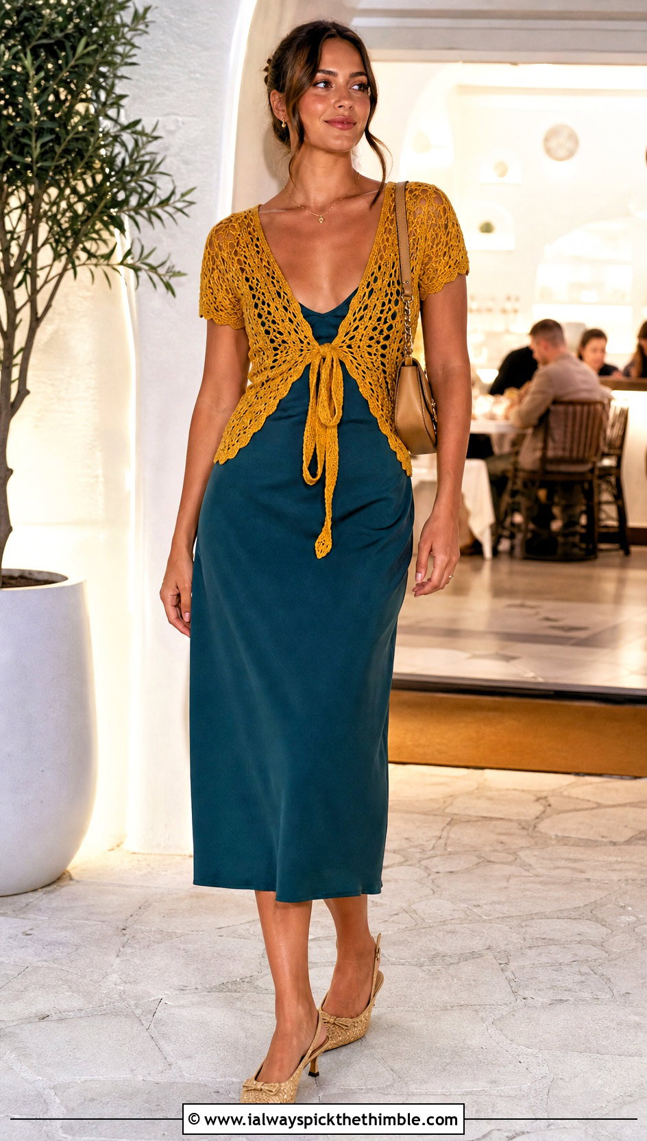 Gold Tie Front Crochet Top With Slip Dress - 25 gold crochet top outfit ideas