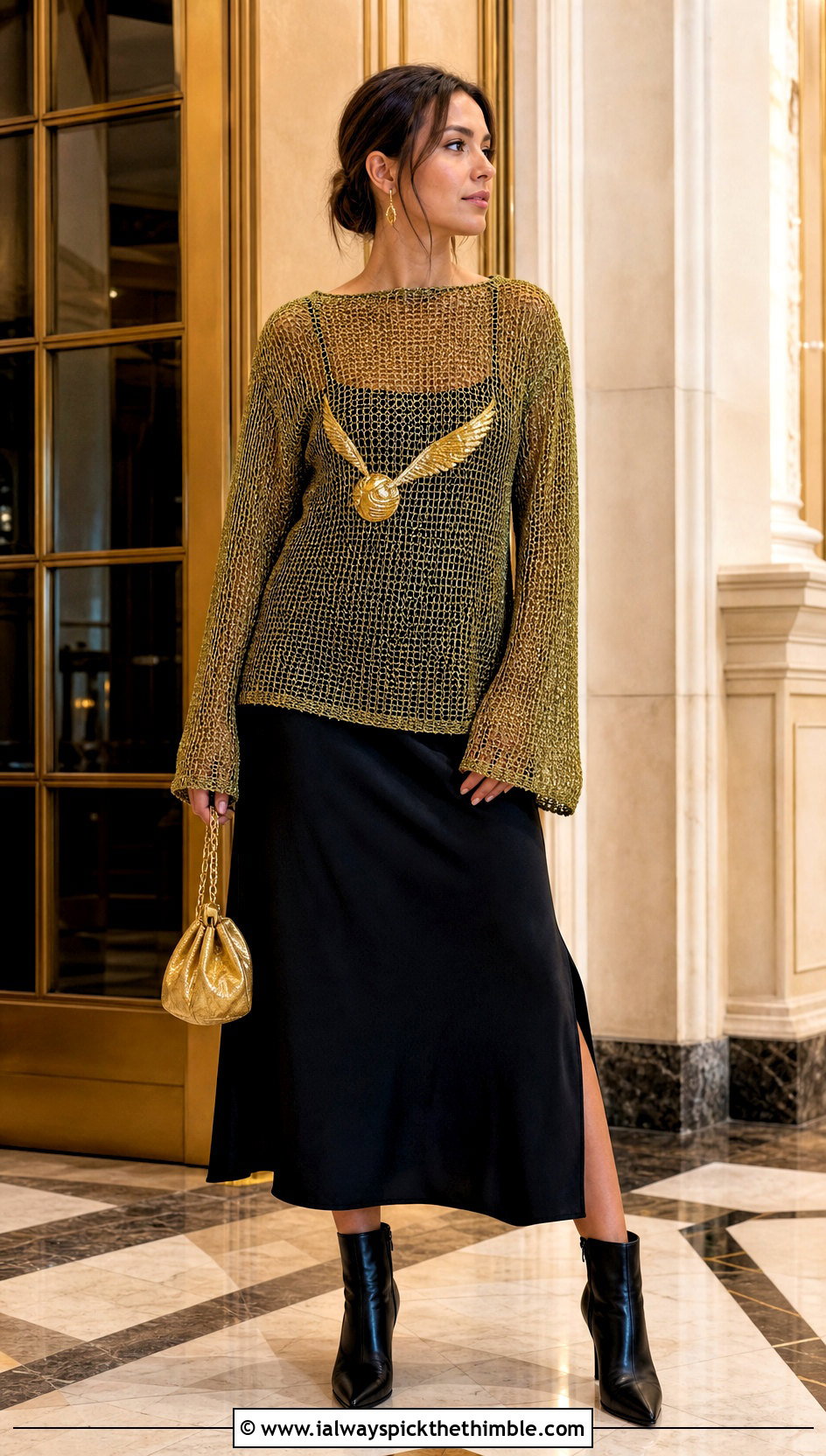 Golden Snitch Mesh Crochet Sweater With Slip Dress - 20 Harry Potter Crochet Sweater outfit ideas