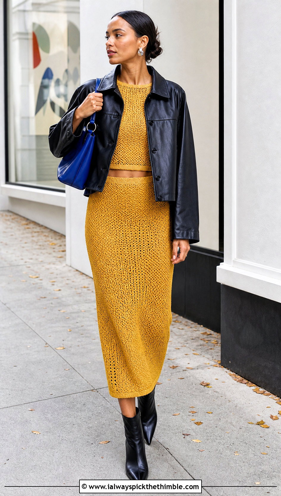 Golden Yellow Crochet Boat Neck Top And Midi Skirt Set With Leather Jacket - 15 yellow crochet top and skirt set outfit ideas
