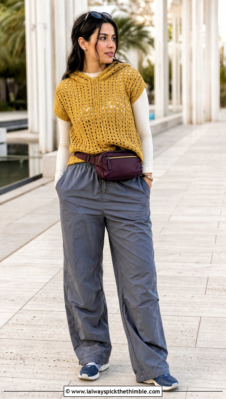 Golden Yellow Hooded Crochet Sweater With Parachute Pants - 20 Crochet Yellow Sweater outfit ideas