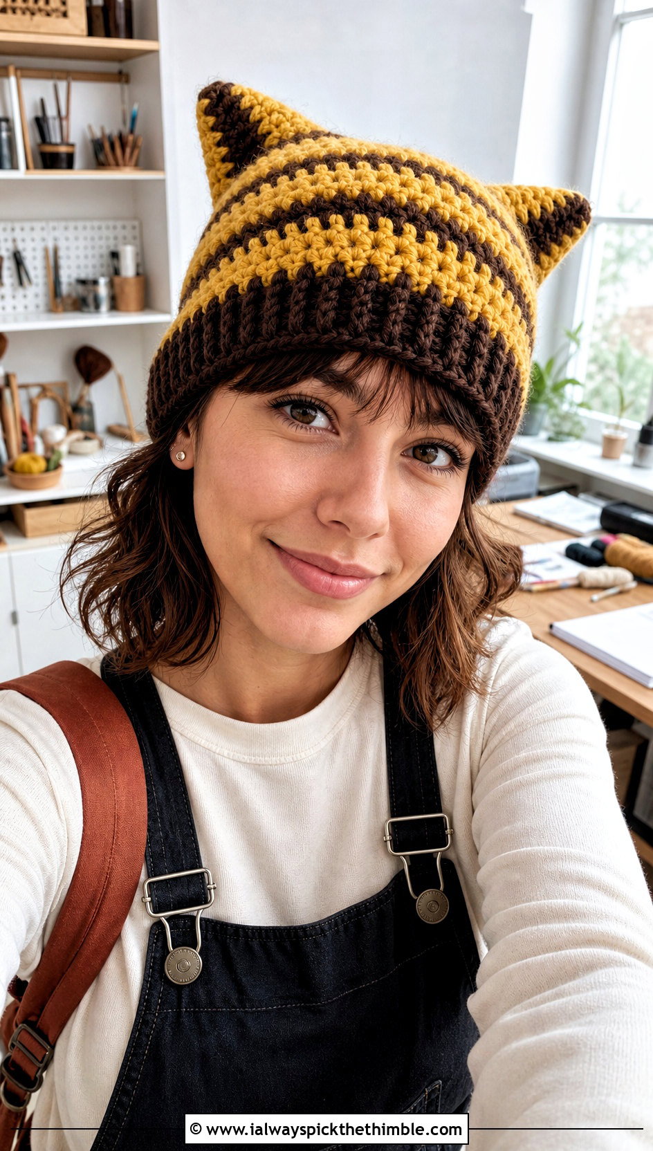 Golden Yellow Striped Clancy Crochet Beanie With Overalls - 20 clancy beanie crochet outfit ideas