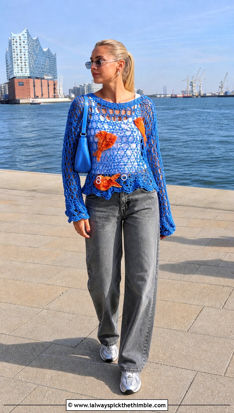 Goldfish Crochet Mesh Top With Gray Jeans - 20 Funny Crochet Clothes and outfit ideas