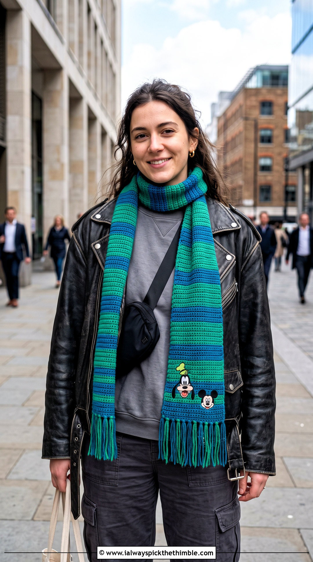 Goofy Striped Longline Crochet Disney Scarf With Leather Jacket - 20 Crochet Disney Scarf outfit ideas