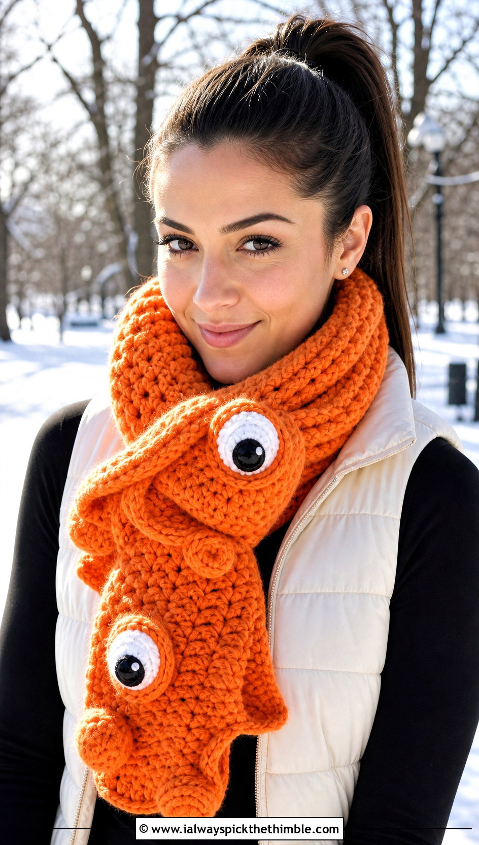 Googly Eye Crochet Scarf With Puffer Vest Outfit - 15 Funny Crochet Scarves outfit ideas