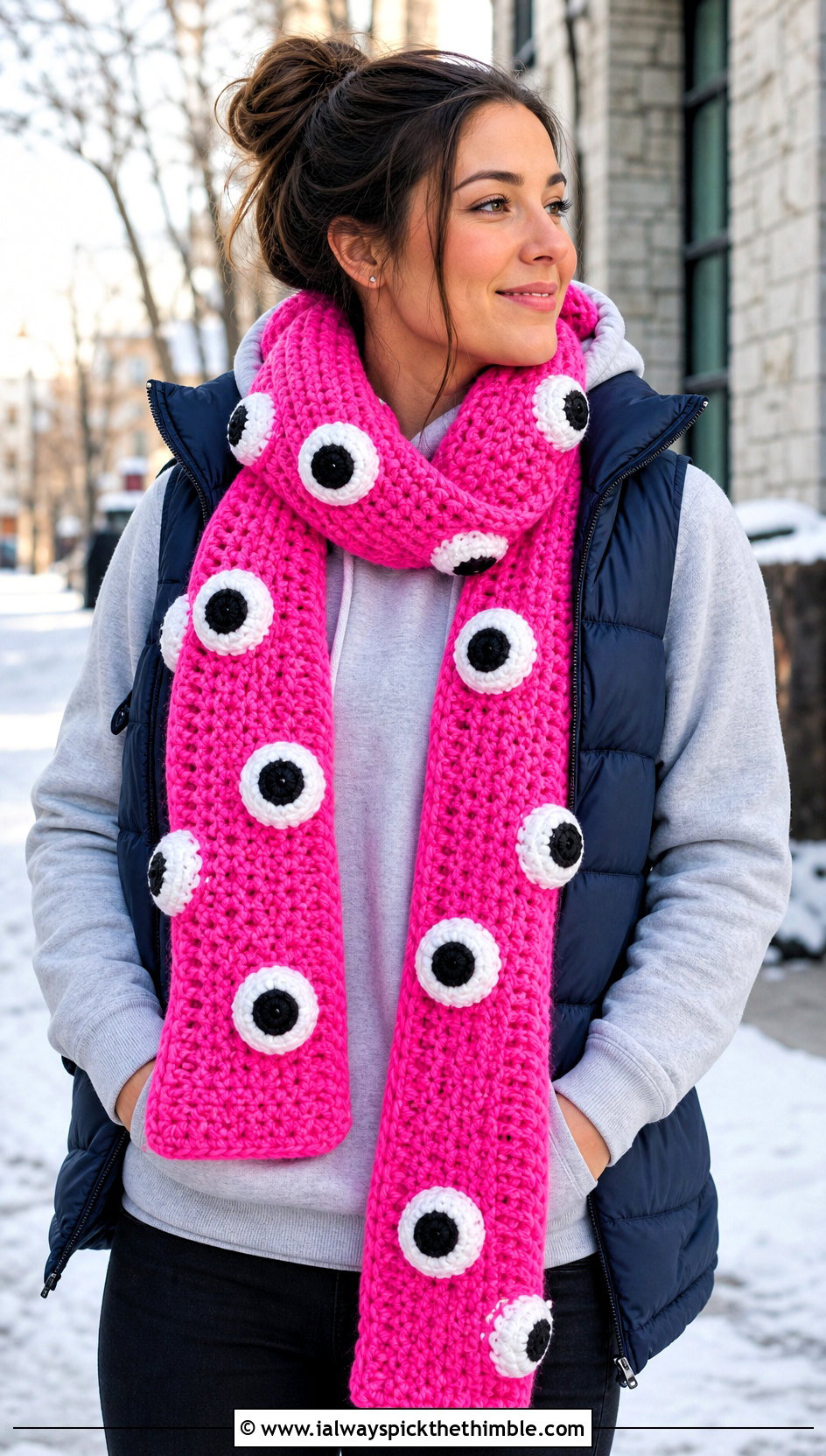 Googly Eye Crochet Scarf With Puffer Vest - 15 Funny Crochet Scarf outfit ideas