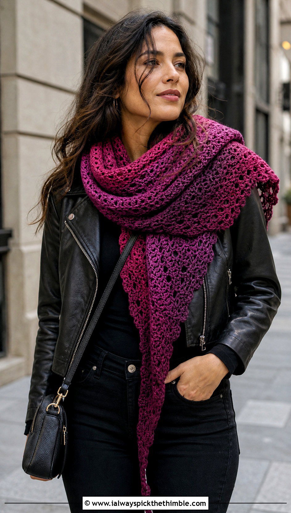 Gradient 1 Skein Crochet Shawl With Leather Jacket And Black Jeans - 15 Easy 1 Skein Crochet Shawl outfit ideas