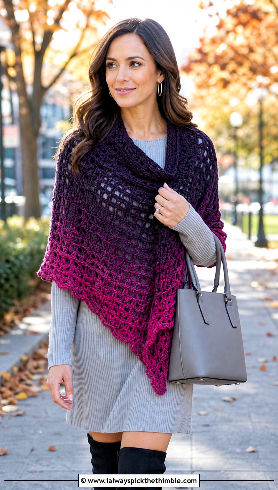 Gradient Asymmetrical Crochet Shawl With Sweater Dress - 20 asymmetrical crochet shawl outfit ideas