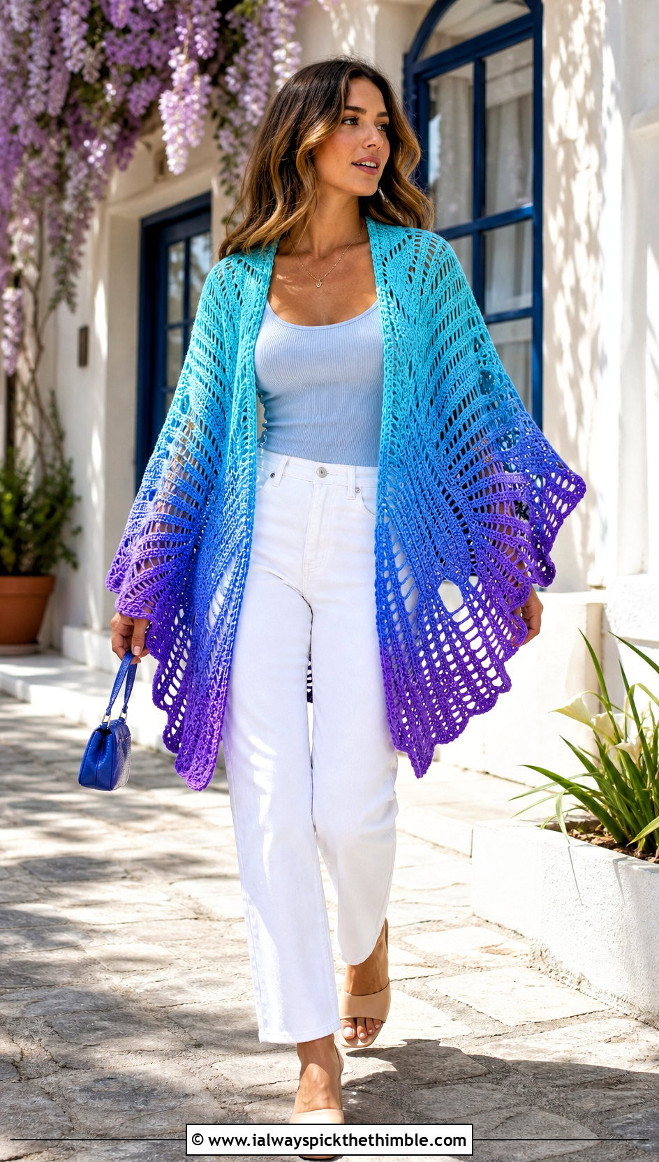 Gradient Butterfly Wing Crochet Cardigan With White Jeans - 25 crochet butterfly cardigan outfit ideas