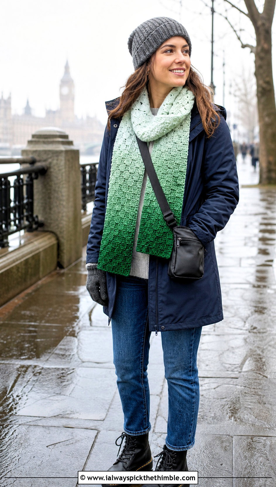 Gradient C2C Scarf With Parka And Straight Jeans - 25 c2c crochet scarf outfit ideas