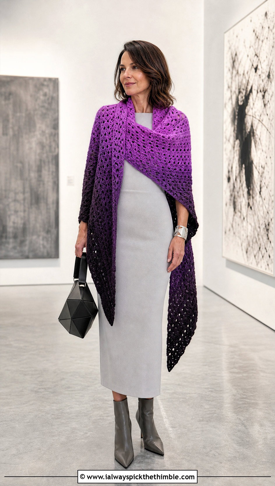 Gradient Crochet Blanket Shawl With Column Dress - 15 Crochet Shawl Blanket outfit ideas