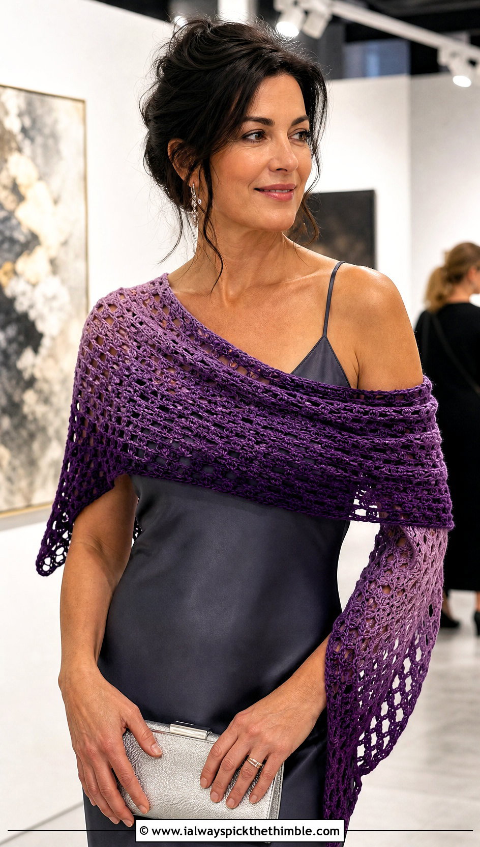Gradient Crochet Boomerang Scarf With Satin Slip Dress - 15 Crochet Boomerang Scarf outfit ideas