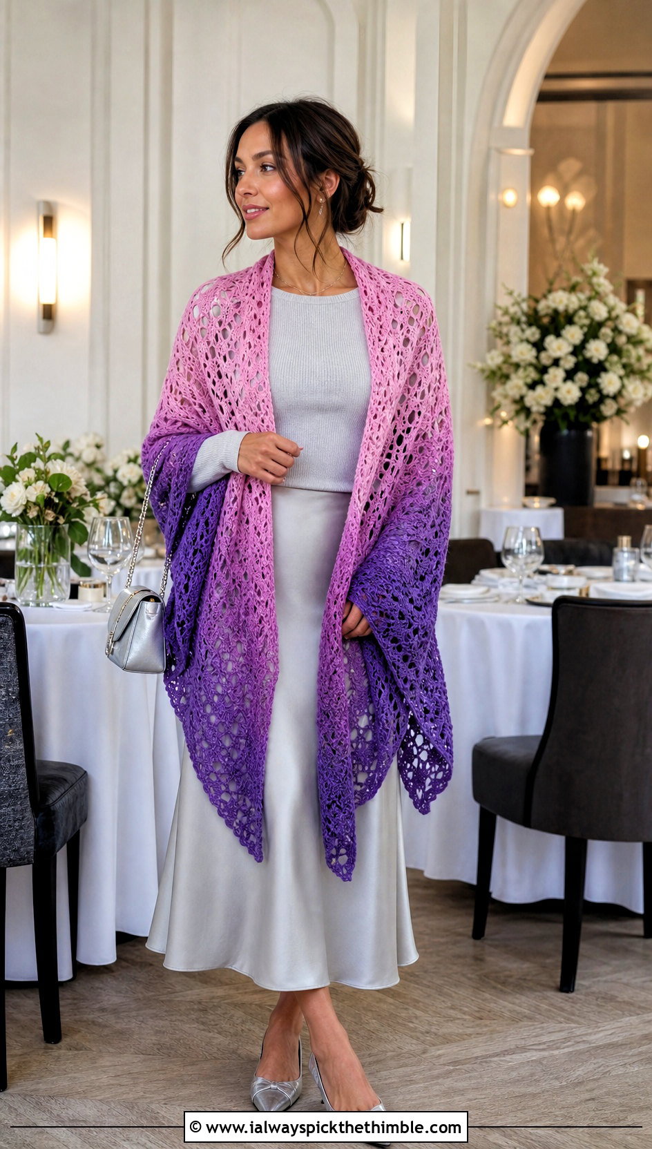 Gradient Crochet Lace Shawl With Satin Skirt - 20 easy crochet lace shawl outfit ideas