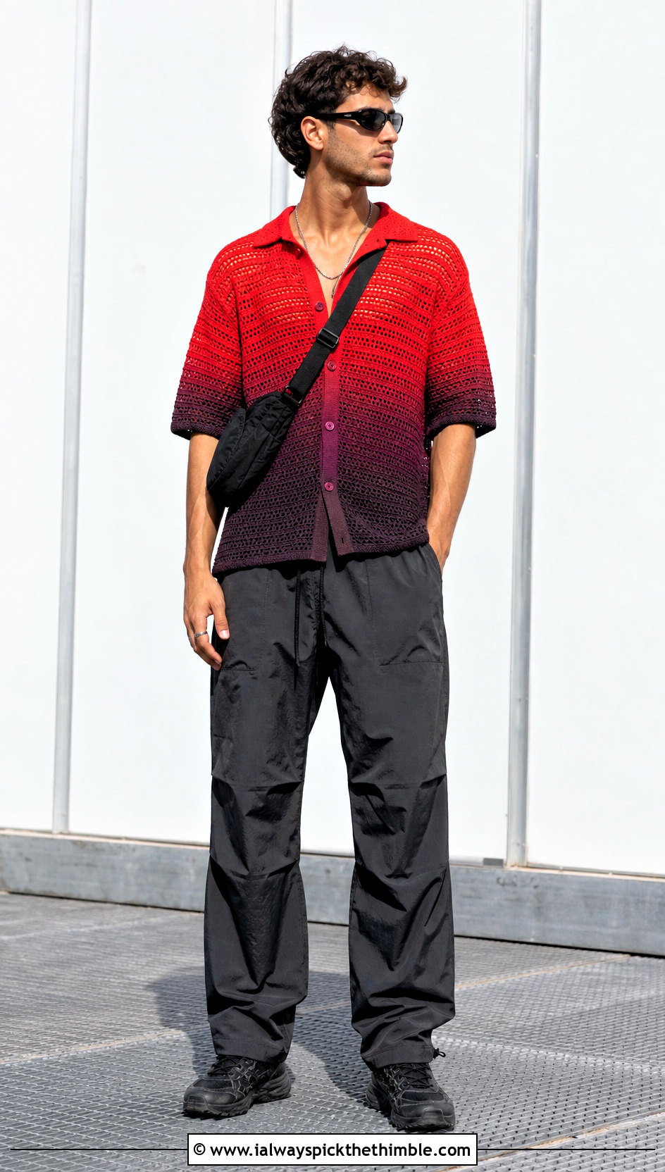 Gradient Crochet Shirt With Parachute Pants - 25 crochet men shirt outfit ideas