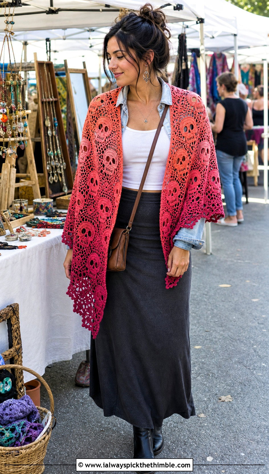 Gradient Crochet Skull Shawl With Denim Jacket And Maxi Skirt - 25 crochet skull shawl outfit ideas