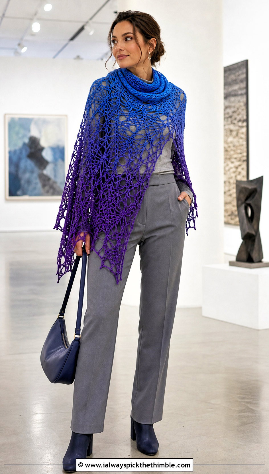Gradient Crochet Spiderweb Shawl With Monochrome Outfit - 20 Crochet Spiderweb Shawl outfit ideas