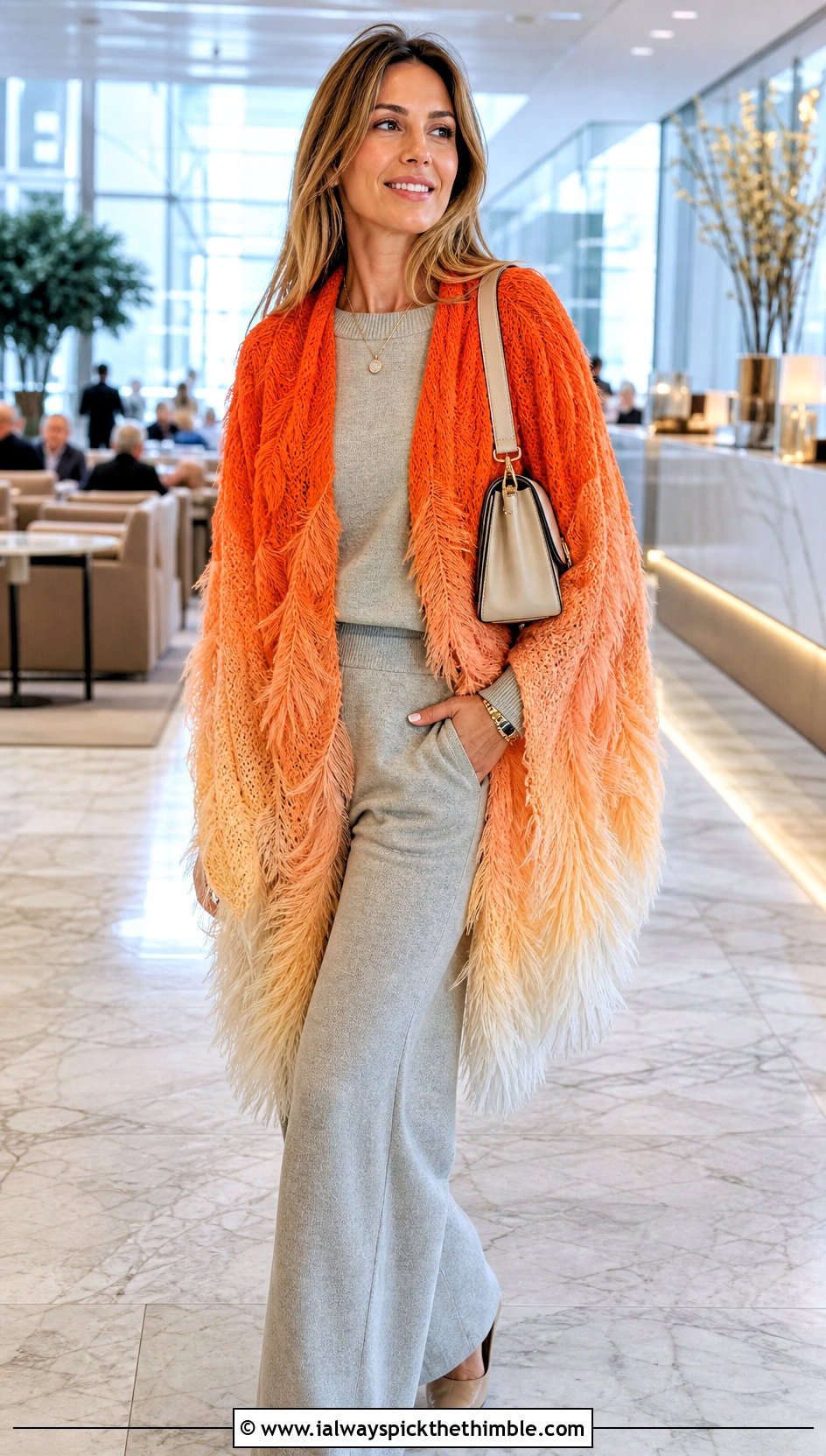 Gradient Feather Shawl With Monochrome Knit Set - 20 crochet feather shawl outfit ideas