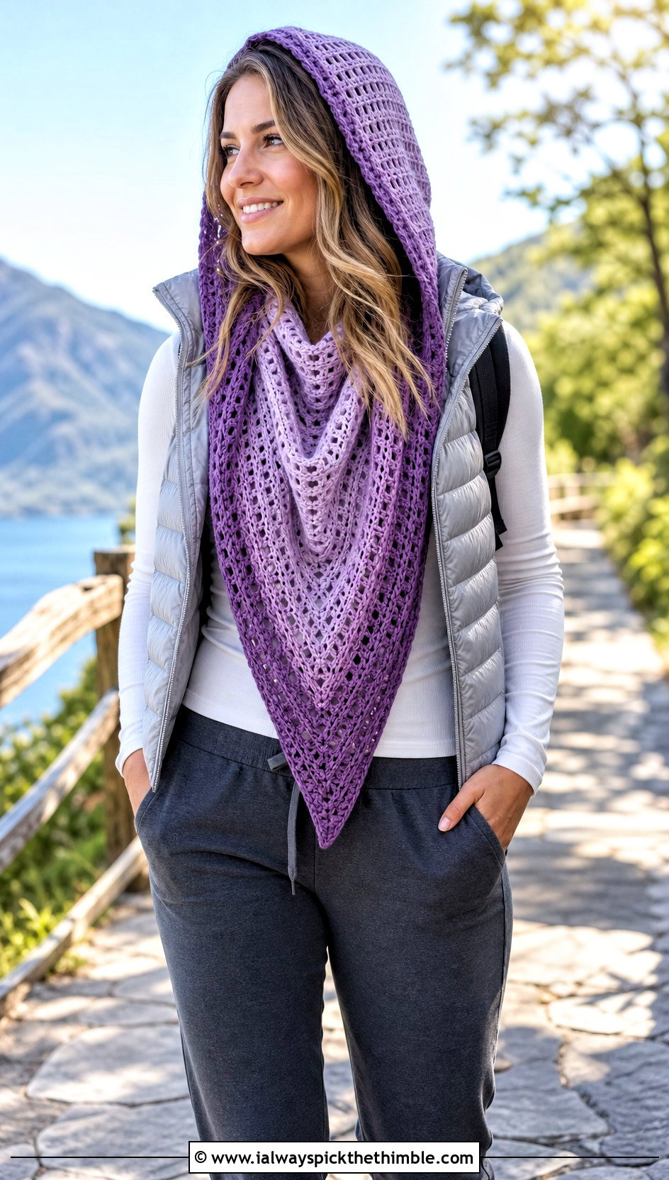 Gradient Hooded Triangle Crochet Shawl With Puffer Vest And Joggers - 20 Hooded Triangle Crochet Shawl outfit ideas