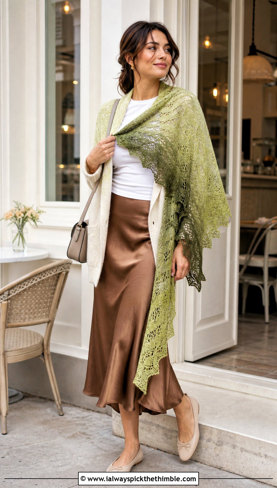 Gradient Lace Shawl With Cardigan And Slip Skirt - 25 lacy crochet shawl outfit ideas