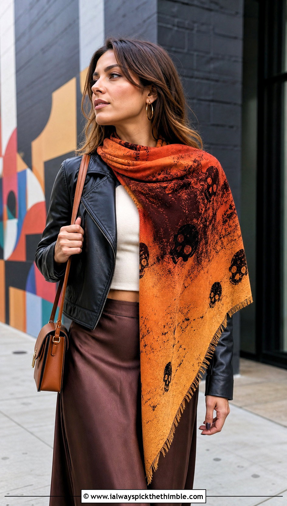 Gradient Lost Souls Shawl With Leather Jacket And Midi Skirt - 15 Lost Soul Crochet Shawl outfit ideas