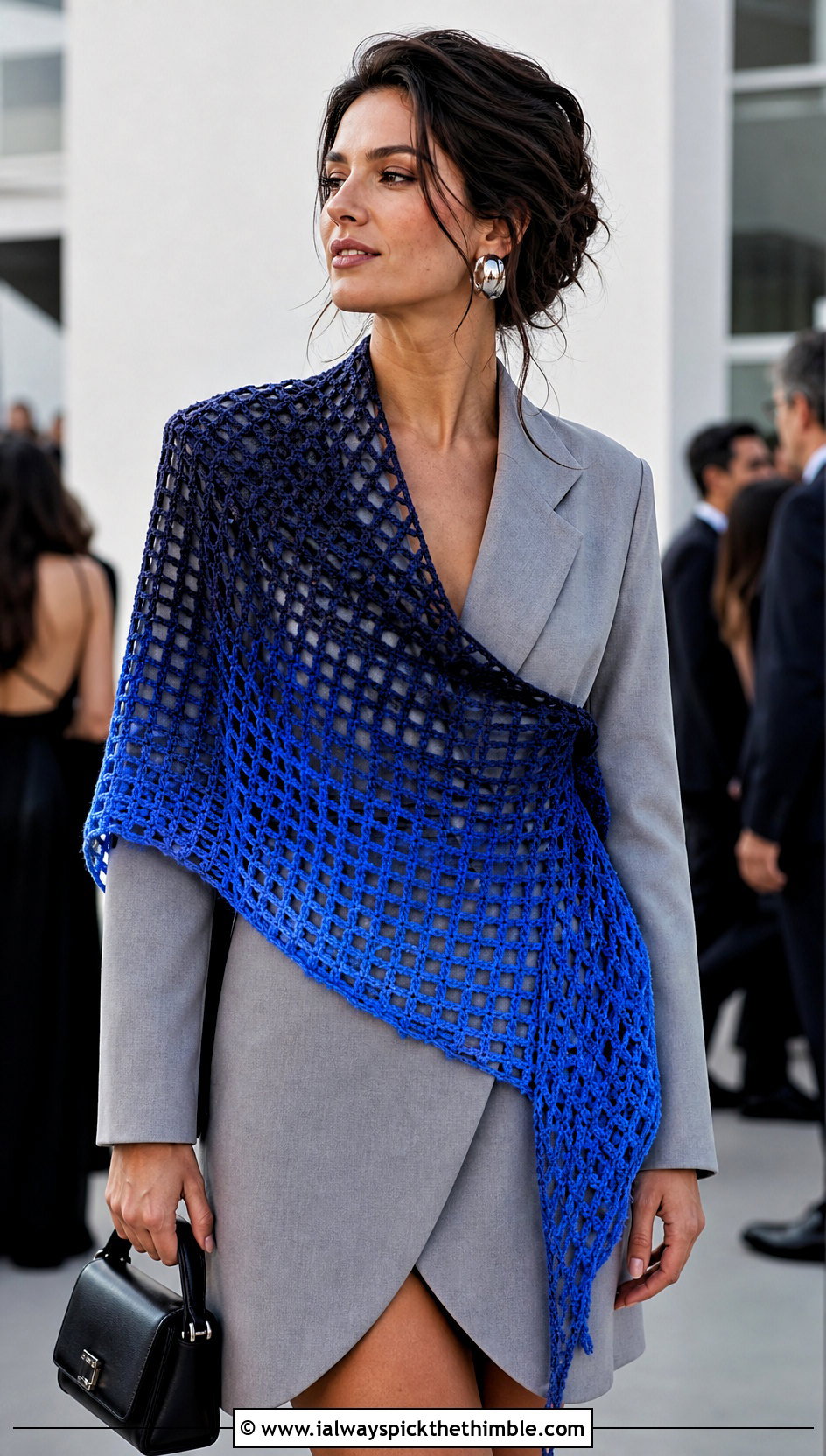 Gradient Mesh Triangle Shawl With Blazer Dress And Tall Boots - 20 Crochet Lacy Triangle Shawl outfit ideas