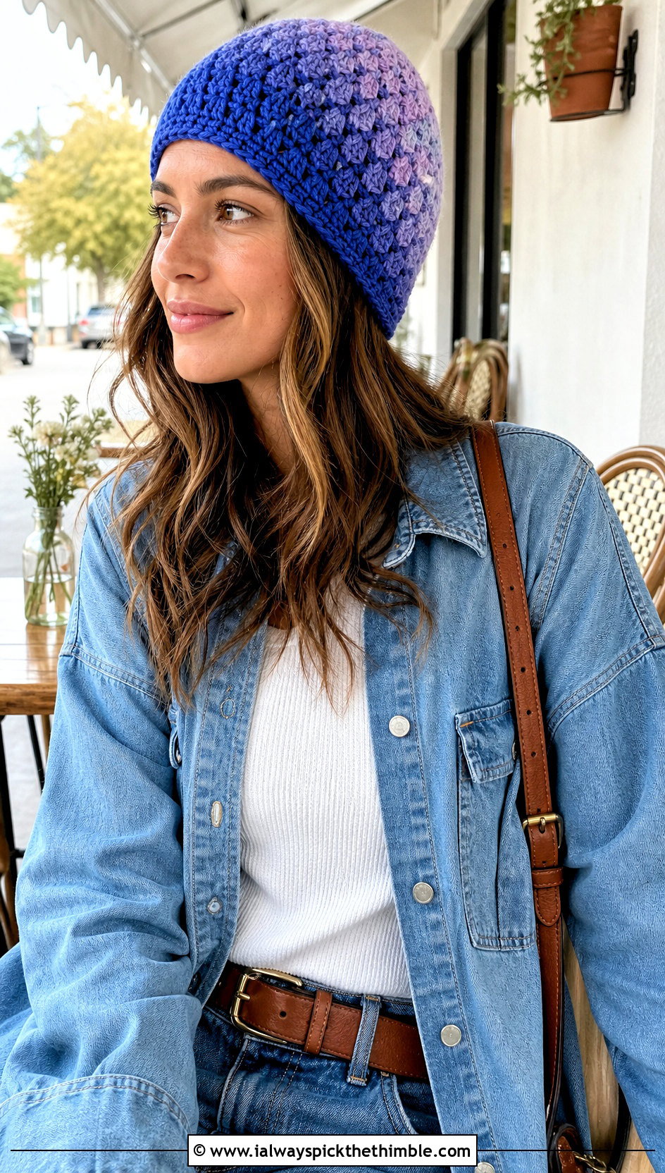 Gradient Mosaic Crochet Beanie With Double Denim - 20 Mosaic Crochet Beanie outfit ideas