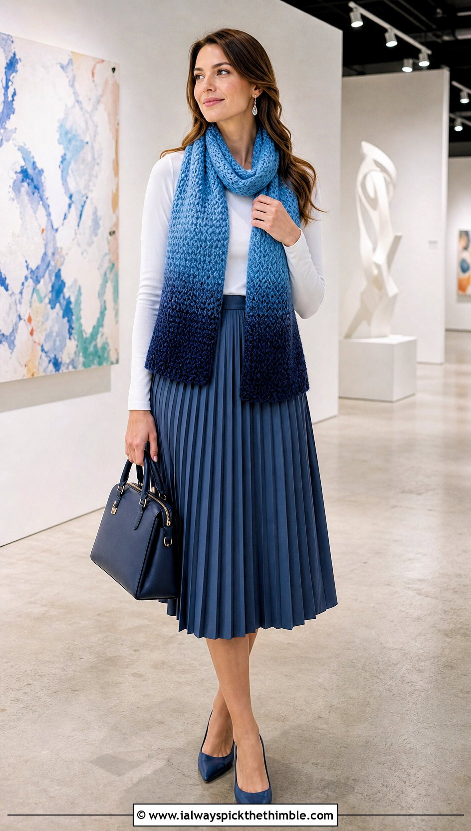 Gradient Moss Stitch Scarf With A Pleated Midi Skirt - 25 crochet moss stitch scarf outfit ideas