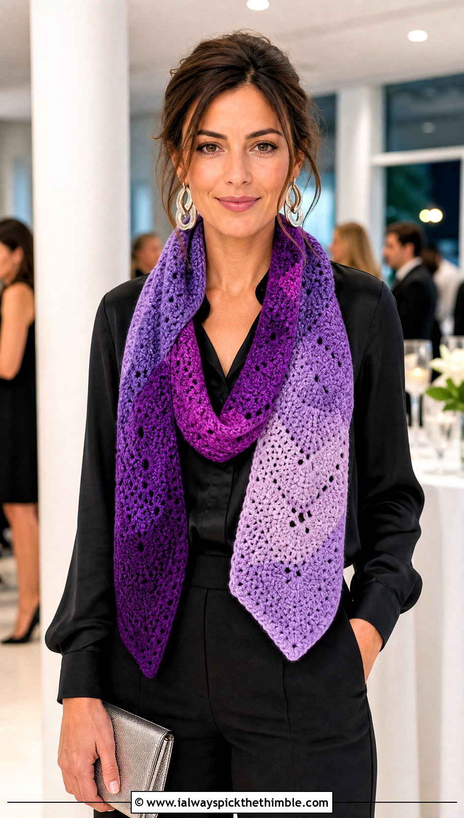 Gradient Patchwork Crochet Scarf With Satin Blouse - 15 Patchwork Crochet Scarf outfit ideas
