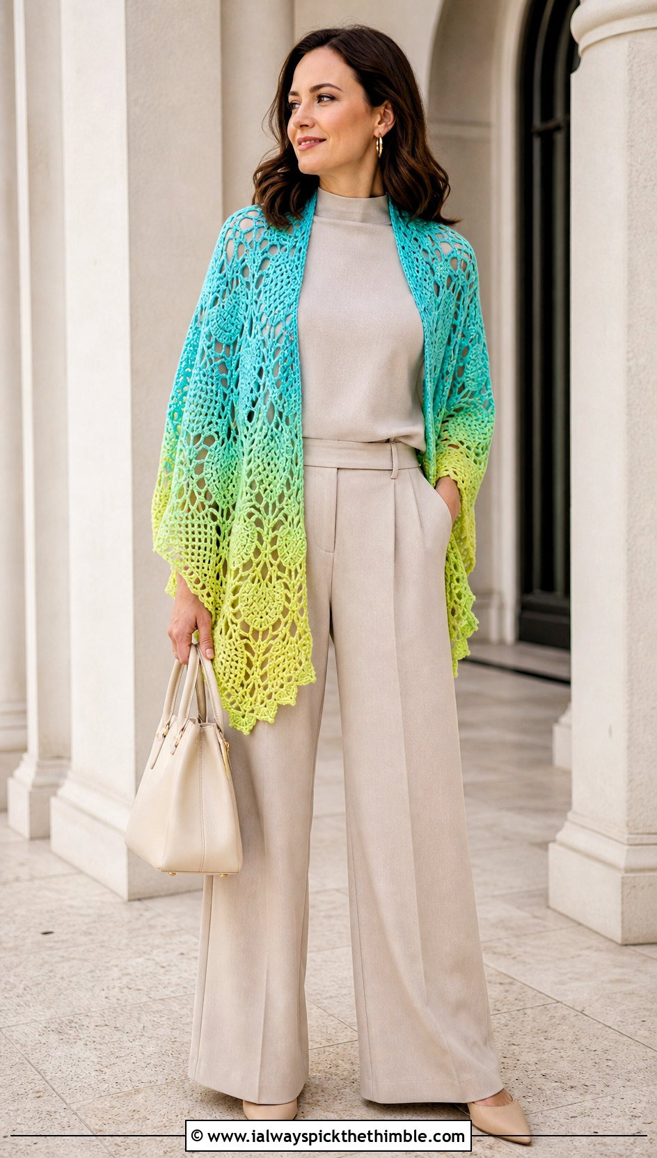 Gradient Pineapple Crochet Shawl With Monochrome Separates - 20 pineapple crochet shawl outfit ideas