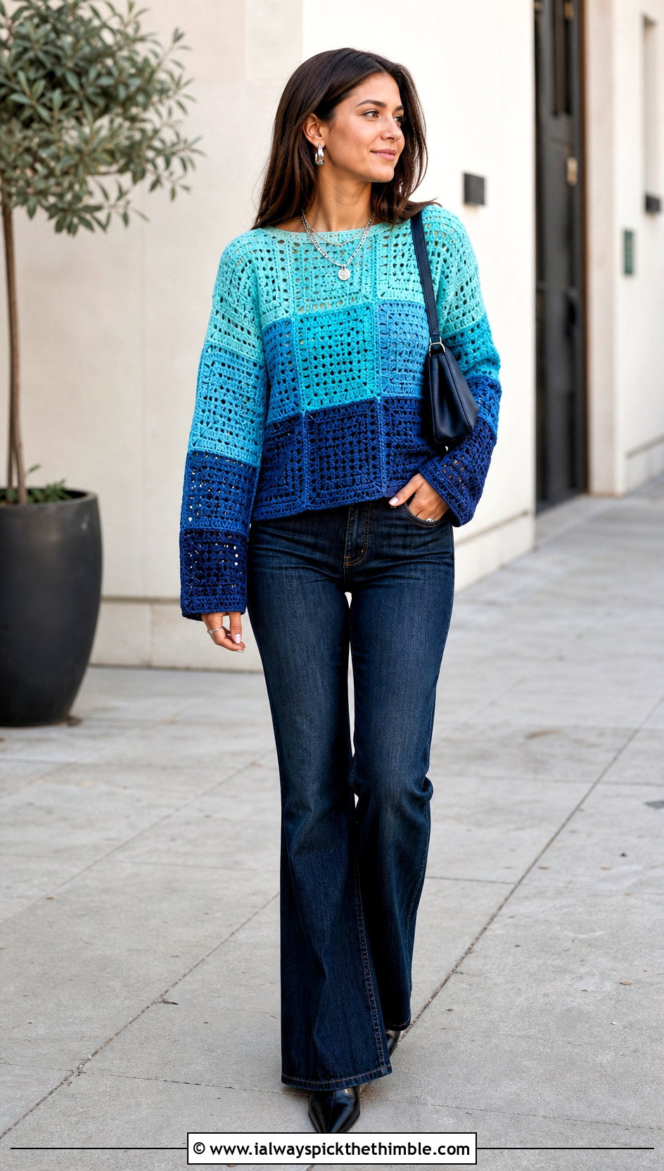 Gradient Square Jumper With Dark Wash Jeans - 20 crochet square jumper outfit ideas