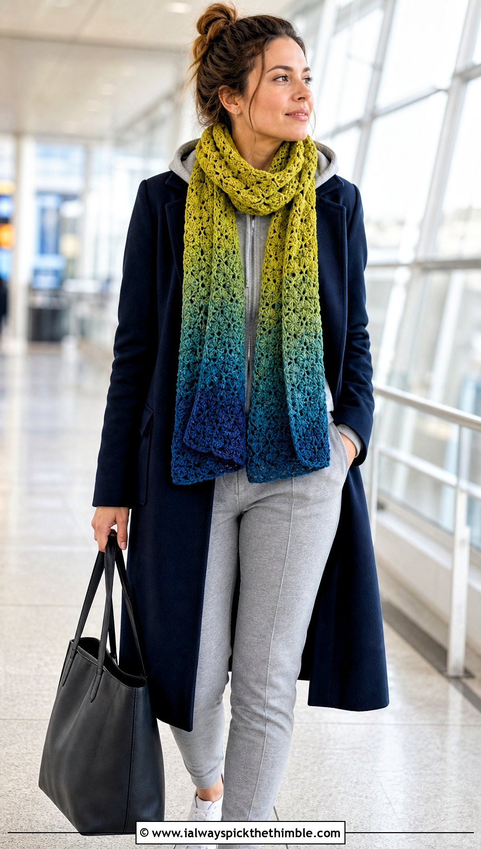 Gradient Tapestry Crochet Scarf With Hoodie And Coat - 25 tapestry crochet scarf outfit ideas