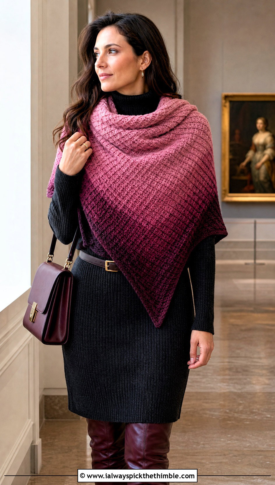Gradient Tunisian Crochet Triangle Shawl With Sweater Dress - 20 Tunisian Crochet Triangle Shawl outfit ideas