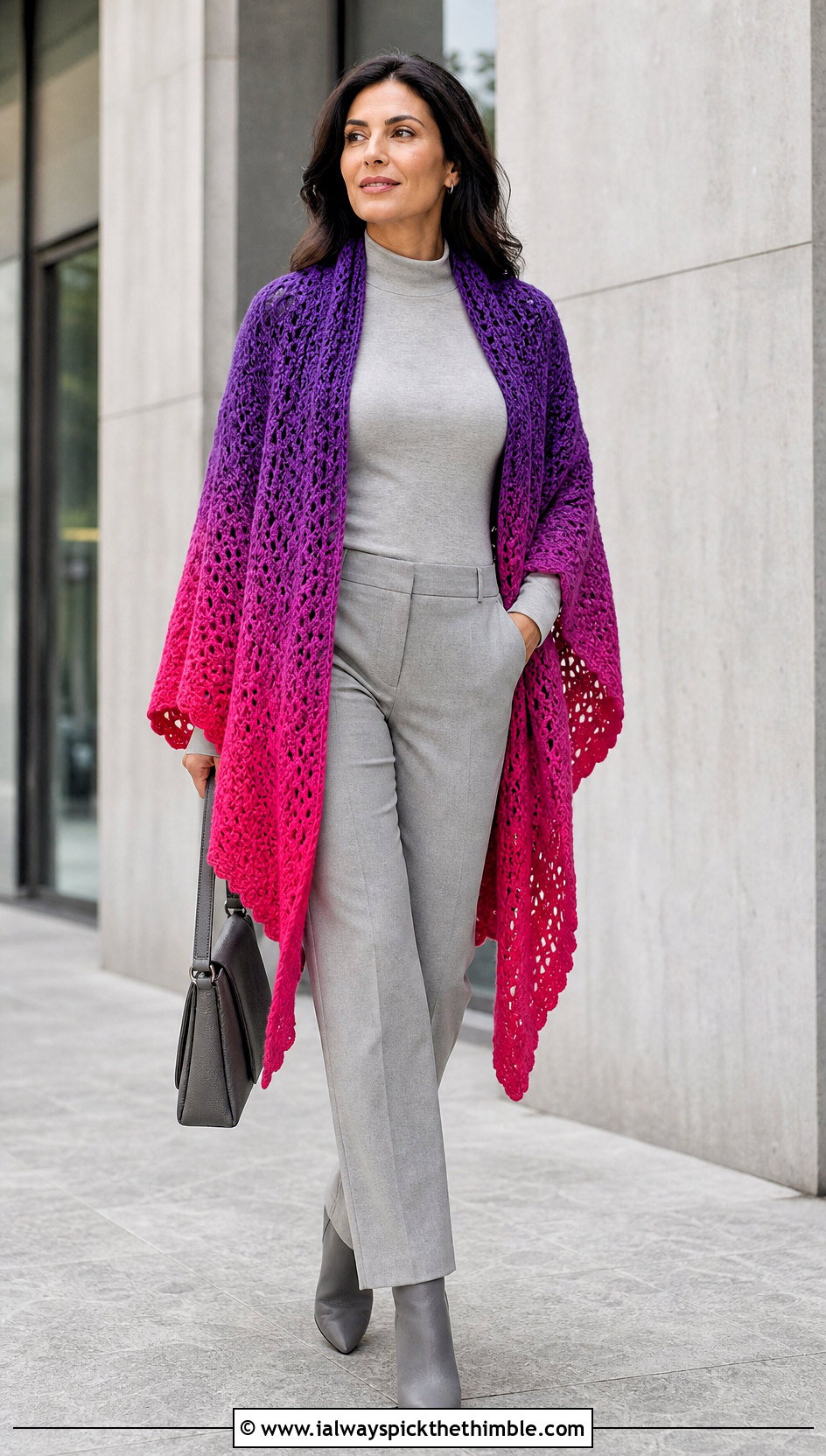 Gradient Tunisian Shawl With Monochrome Outfit - 25 tunisian crochet shawl outfit ideas