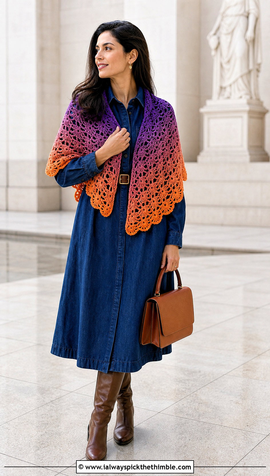 Gradient Virus Shawl With Denim Shirt Dress - 25 crochet virus shawl outfit ideas