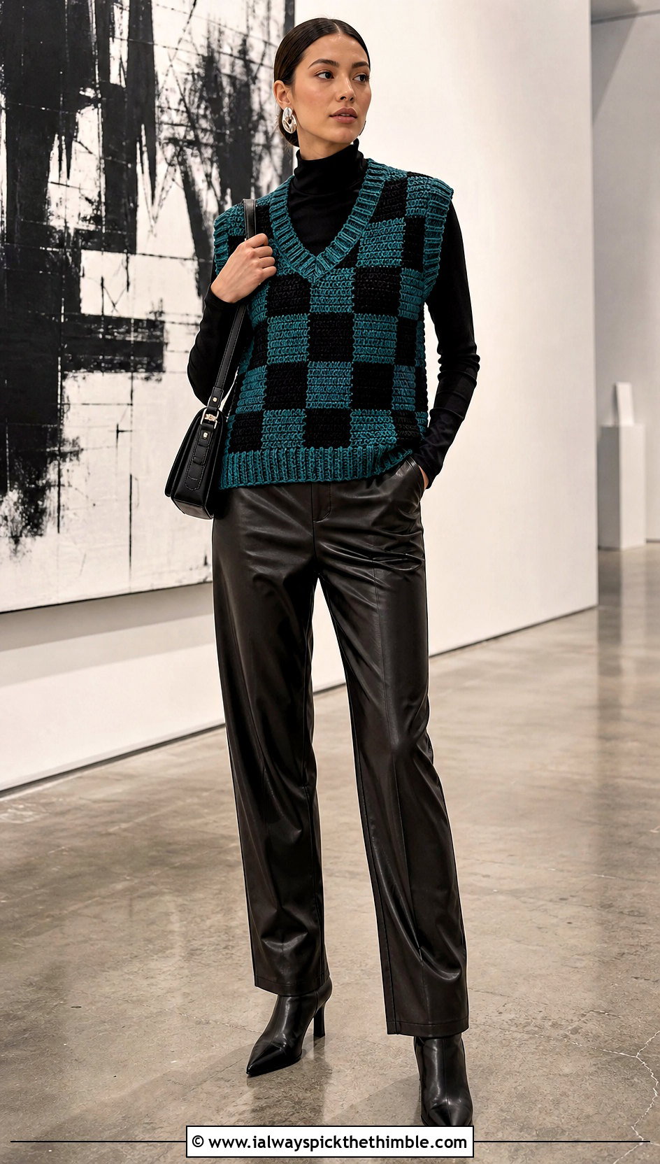 Grandpa Checkered Crochet Sweater Vest With Leather Pants - 15 Checkered Crochet Sweater Vest outfit ideas