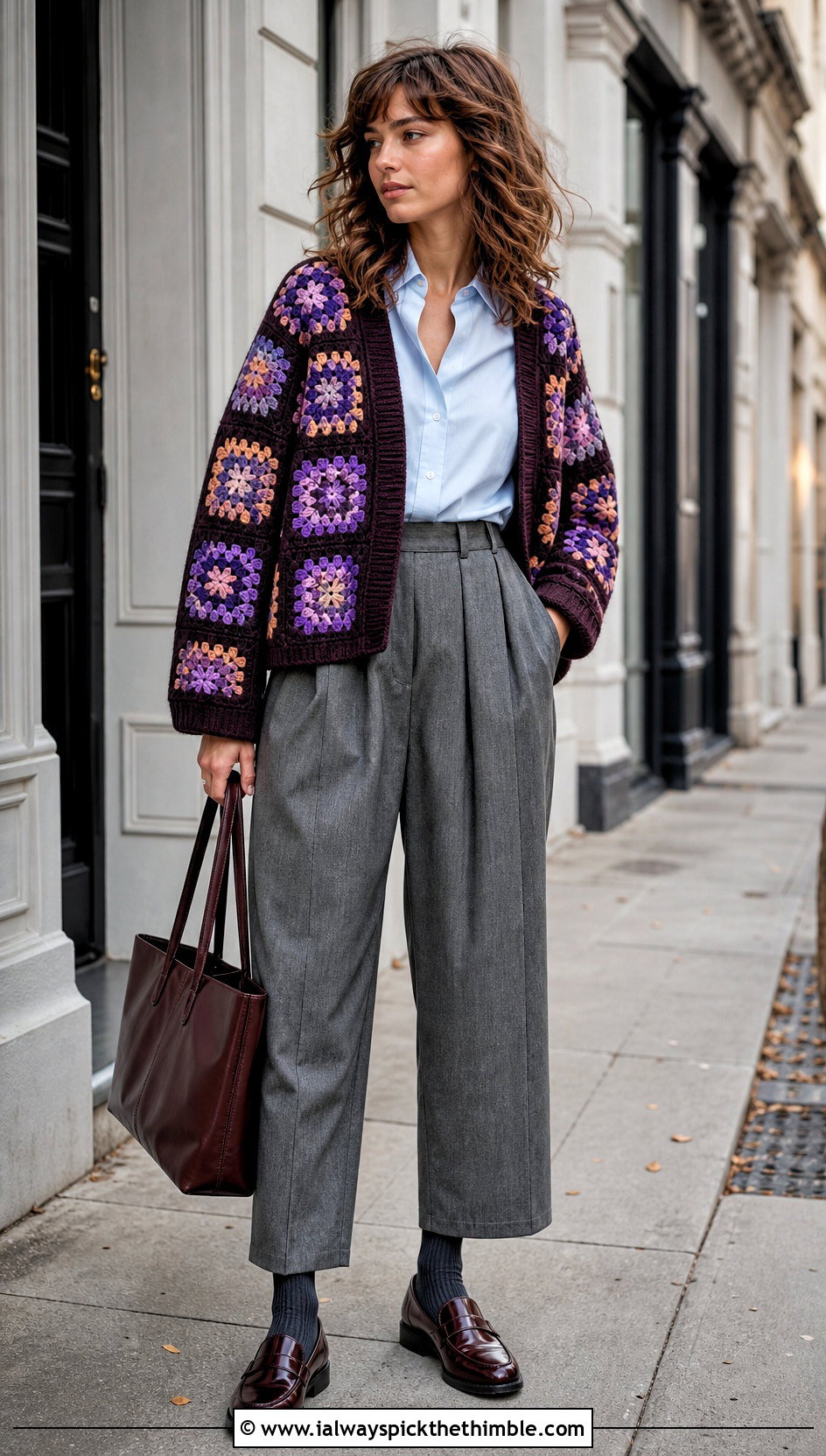Grandpa Fit Granny Square Cardigan With Pleated Trousers - 20 Crochet Fall Granny Square Cardigan outfit ideas