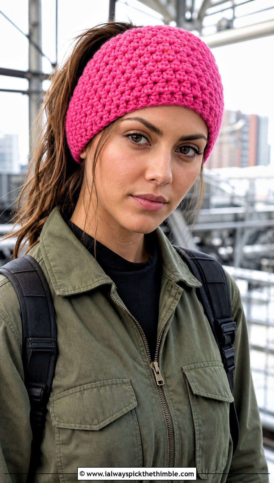 Granite Stitch Crochet Ponytail Hat With Utility Jumpsuit - 25 crochet ponytail hat outfit ideas