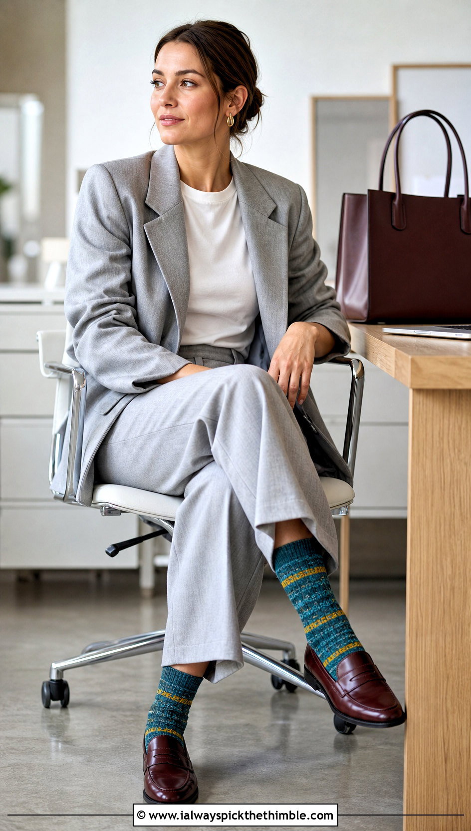 Grannies In A Row Socks With Pantsuit And Loafers - 20 Crochet Granny Socks outfit ideas