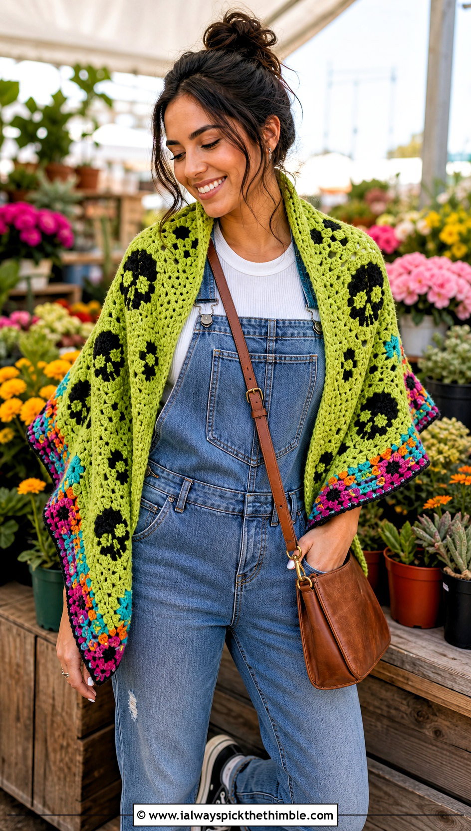 Granny Border Crochet Skull Shawl With Denim Overalls - 25 crochet skull shawl outfit ideas