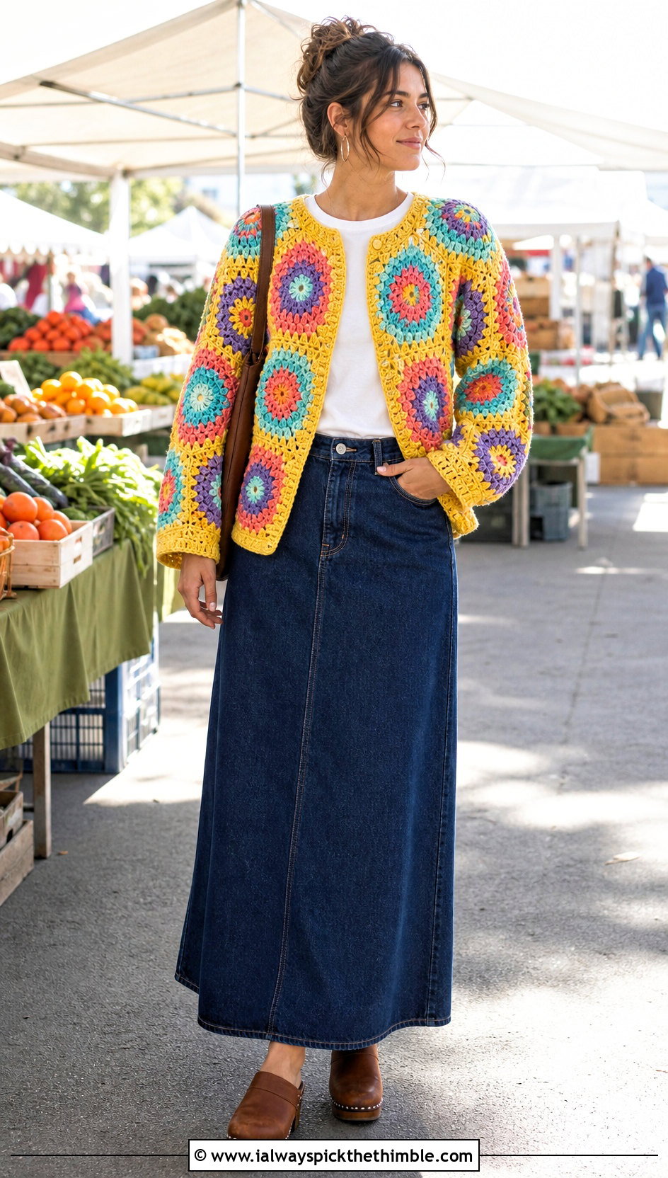 Granny Circle Crochet Sweater With Denim Maxi Skirt - 20 Circle Crochet Sweater outfit ideas