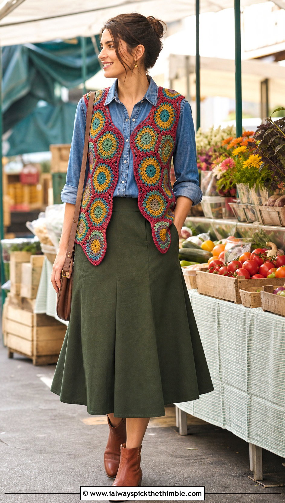 Granny Circle Crochet Vest With Denim Shirt And Midi Skirt - 25 crochet circle vest outfit ideas