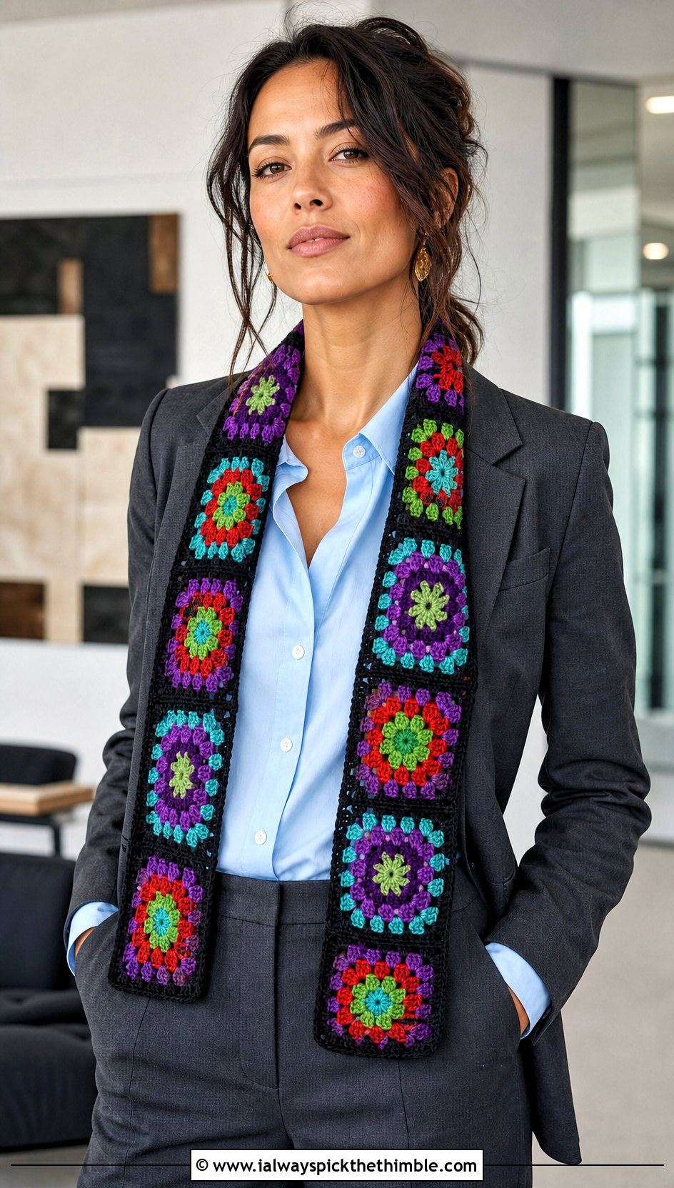 Granny Circle Square Crochet Scarf With Blazer And Trousers - 15 crochet scarf with colorful circles outfit ideas