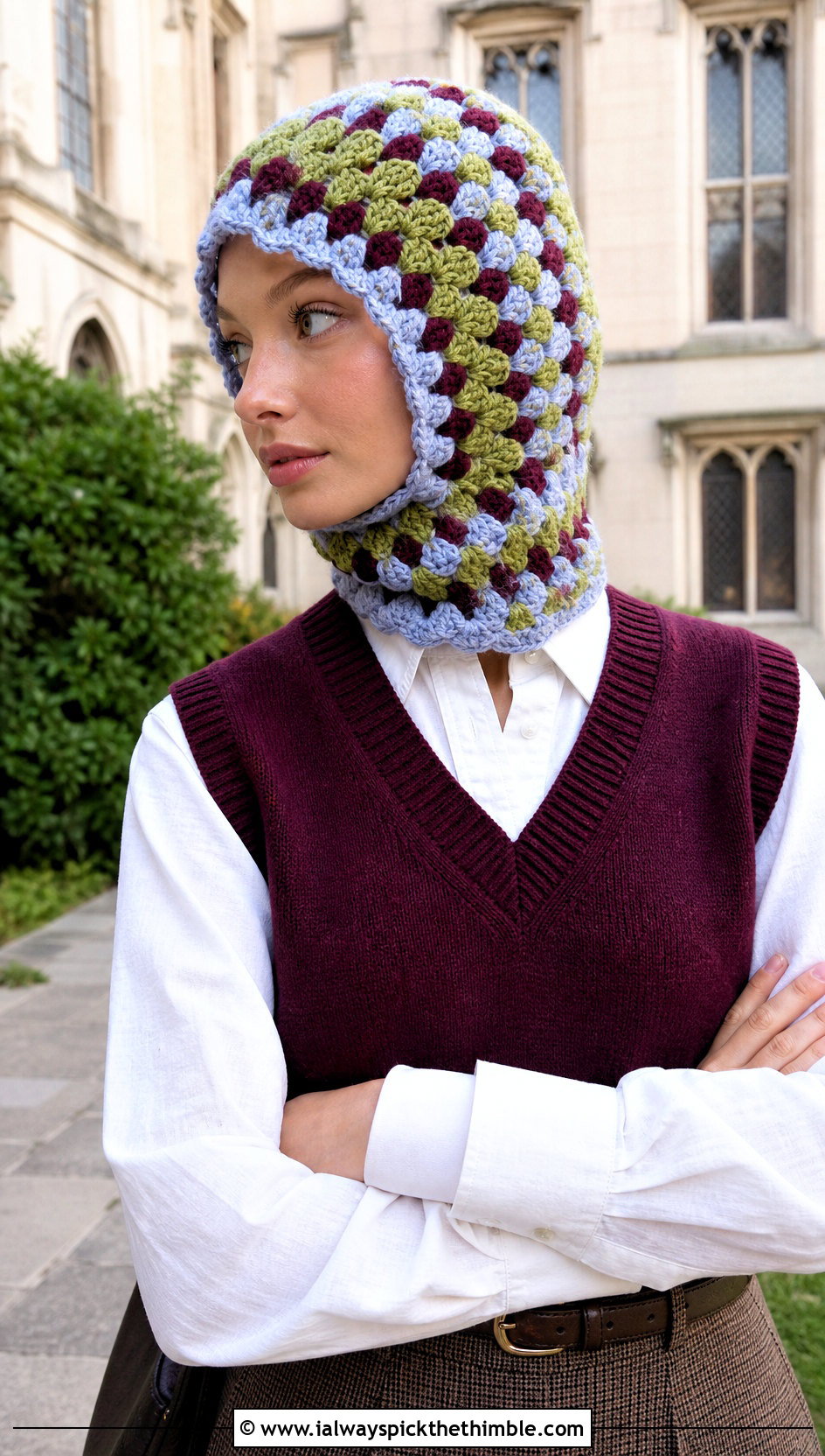 Granny Cluster Balaclava With Sweater Vest And Tailored Shorts - 25 granny square balaclava outfit ideas