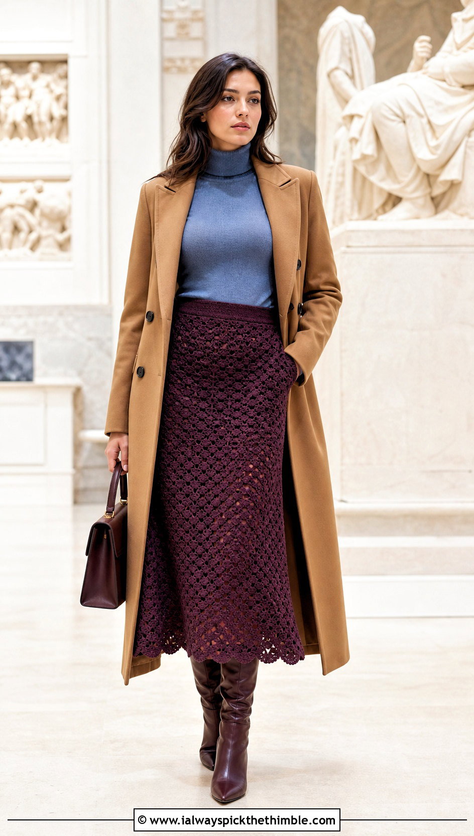 Granny Cluster Crochet Midi Skirt With Double Breasted Coat - 25 crochet winter skirt outfit ideas