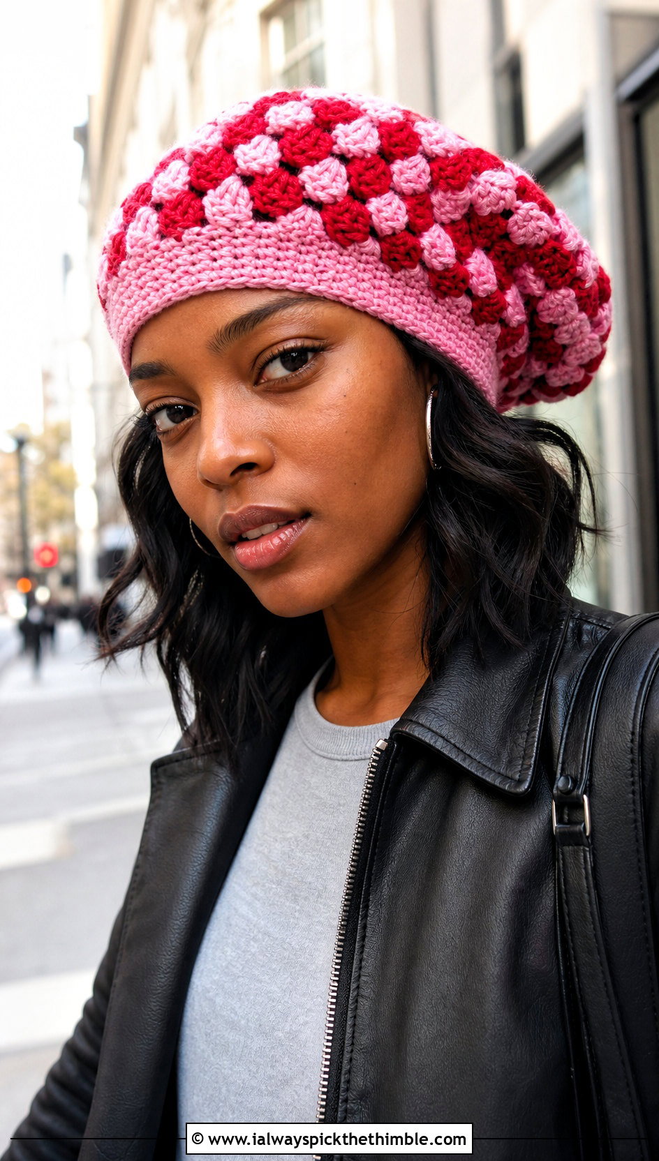 Granny Cluster Slouchy Crochet Beret With Leather Jacket - 20 Slouchy Crochet Beret outfit ideas
