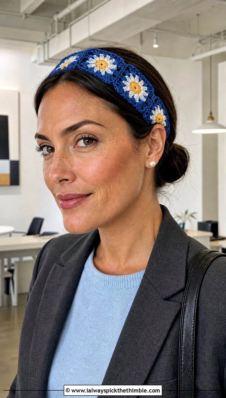 Granny Daisy Square Crochet Flower Headband With Blazer - 25 crochet flower headband outfit ideas
